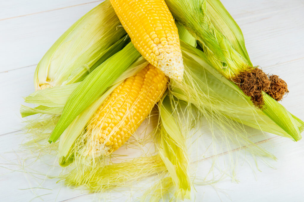 close up view of corn cobs on wooden background close up view of corn cobs on wooden background